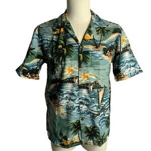 Aloha Republic Button Up Hawaiian Camp Shirt M Blue Beach Short Sleeve Pocket